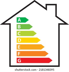Energy Performance Certificate. Energy Efficiency Rating Graph with arrows on house. Vector illustration II.