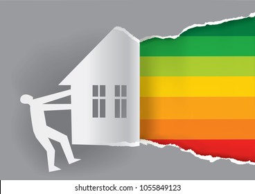 Energy Performance Scale ripped paper concept.
Man ripped paper with house symbol and discovering Energy Performance Scale.Vector available. 