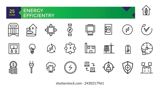 Energy and Performance Vector Icon Set In Outline Style. Green Energy, Thin outline icons pack.
