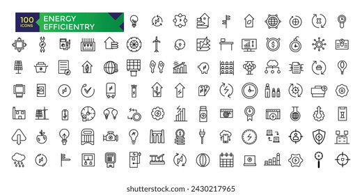 Energy and Performance Vector Icon Set In Outline Style. Green Energy, Thin outline icons pack.