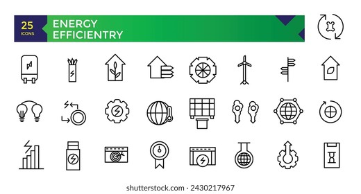 Energy and Performance Vector Icon Set In Outline Style. Green Energy, Thin outline icons pack.