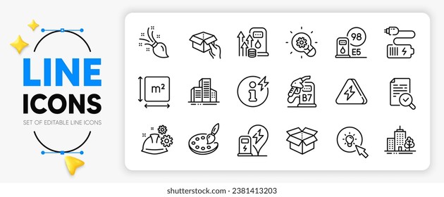 Energy, Petrol station and Brush line icons set for app include Palette, Lightning bolt, Power info outline thin icon. Inspect, Skyscraper buildings, Innovation pictogram icon. Battery. Vector