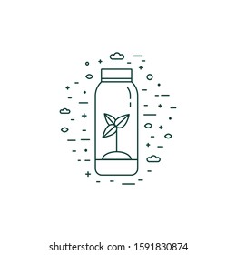 Energy and planet saving icon with eco plant growing emblem. Linear sprout with leaves rising from soil inside bottle. Resources conservation, ecological and organic agriculture outline symbol.