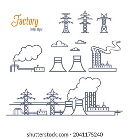 Energy plant or Industrial Factory icons set. Various electricity plant buildings, and transmission towers. Outline style vector illustration on white background.