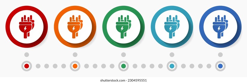 Energy, plug concept vector icon set, infographic template, flat design colorful web buttons in 5 color options