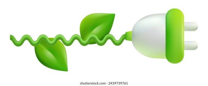 Enchufe de energía. Consumo eléctrico. Concepto de fuente de energía limpia, renovable y estable para el medio ambiente. Hojas verdes en un cable eléctrico ondulado. Conservación de la naturaleza. Icono de eco. Ilustración vectorial 3D.