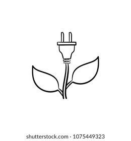 Energy plug hand drawn outline doodle icon. Ecology sustainability concept. Electrical plug with leaves vector sketch illustration for print, web, mobile and infographics isolated on white background.