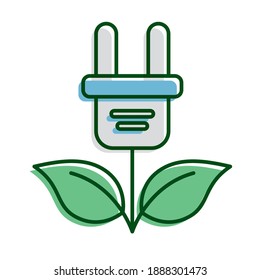 energy plug with leafs plant ecology line and fill icon vector illustration design
