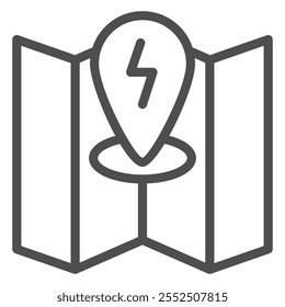 Punto de energía en el icono de línea del mapa, concepto de punto de energía. Gráficos de Vector. Señal del rayo del perno del mapa de la Locación en el fondo blanco, icono del estilo del contorno para el móvil o el Diseño web