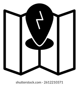 Energy point on map solid icon, Power point concept. Vector graphics. Location map pin lightning sign on white background, style mobile or design