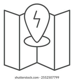 Energiepunkt auf Karte dünne Linie Symbol, Power Point Konzept. Vektorgrafiken. Lageplan Pin Blitzzeichen auf weißem Hintergrund, Umriss Stil Symbol für mobile oder Web-Design