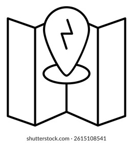 Energy point on map thin line icon, Power point concept. Vector graphics. Location map pin lightning sign on white background, linear style mobile or design