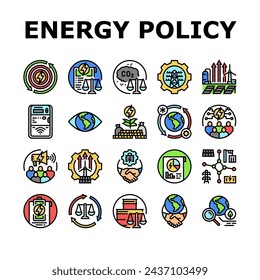 energy policy infrastructure icons set vector. power transition, eco green, earth transmission, save planet, change climate energy policy infrastructure color line illustrations