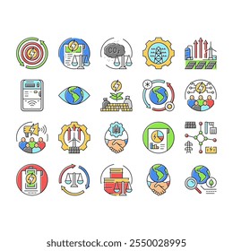 energy policy infrastructure icons set vector. power transition, eco green, earth transmission, save planet, change climate energy policy infrastructure color line illustrations