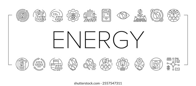 energy policy infrastructure icons set vector. power transition, eco green, earth transmission, save planet, change climate energy policy infrastructure black contour illustrations