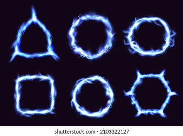 Energy portal holes. Transparent electrical power circles with glowing thunderbolt futuristic shapes spark rings of fantasy game decent vector illustrations set