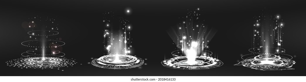 Energy portals with glow and heat effect. Teleport, magic portal, podium, lvl up, hologram - concept.  Fantastic hologram, hi-tech technology, podium and magic portal. Vector collection level up