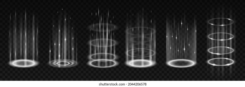 Energy portals with glowing effect. Neon beams light for teleport, podium, level up, holograms set isolated on transparent dark background. Vector illustration