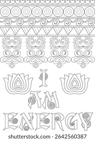 I AM ENERGY Positive Affirmation Coloring Page, Black and white line art illustration featuring the positive affirmation 'I AM ENERGY' centered between decorative lotus flowers. The image includes