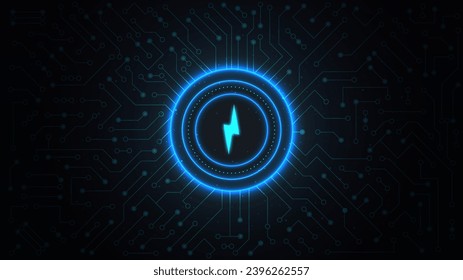 Energy and power banner. Blue neon button with lightning. Symbol of charging for gadgets and devices. High voltage zone. Poster or banner for website. Cartoon flat vector illustration