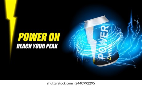 Energy and Power Drink Ads Banner. Boost Energy Drink Can Vector Illustration. Flash of Lightning and Thunderstorms with Glowing Lines and a Light Ellipse of the Drink. Vector.