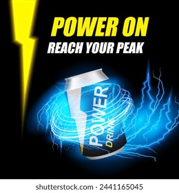 Energy and Power Drink Social Media Ad Banner. Boost Energy Drink Can Vector Illustration. Flash of Lightning and Thunderstorms with Glowing Lines and a Light Ellipse of the Drink. Vector.