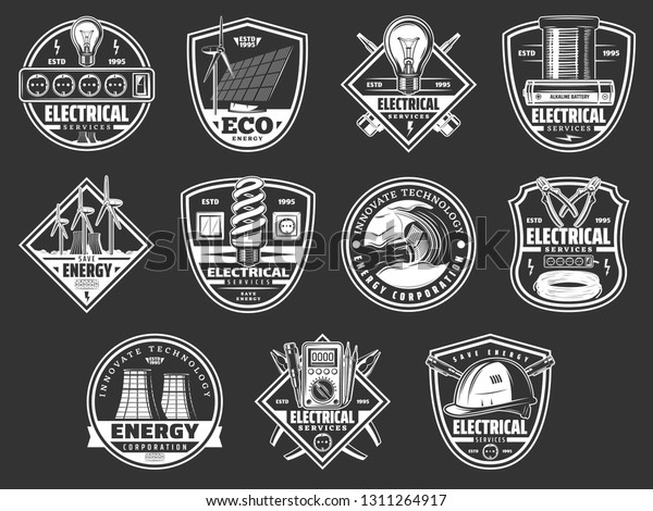 Energy power and electricity service icons. Vector\
symbols of electrician tools, power plant or energy solar battery\
with windmill, eco electric car technology, lamp bulb switcher and\
socket plug