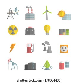 Energy power flat icons set of solar panels wind turbine and nuclear plant isolated vector illustration