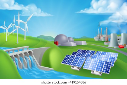 Energy Or Power Generation Sources Illustration. Includes Renewable Sources Such As Hydro Dam, Solar And Wind Also Nuclear And Coal Power Plants