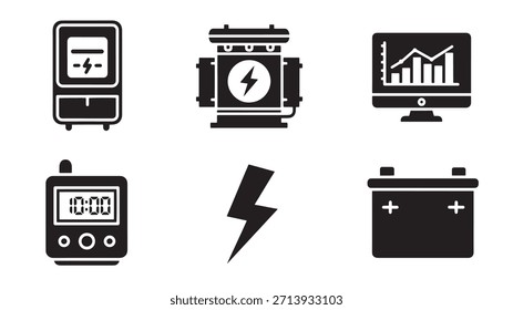 Energy and Power Generation Visuals Featuring Battery, Lightning Bolt, Motor, Monitor, Electric Meter, and Timer Devices in Vector