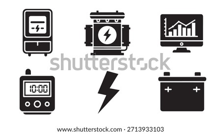 Energy and Power Generation Visuals Featuring Battery, Lightning Bolt, Motor, Monitor, Electric Meter, and Timer Devices in Vector