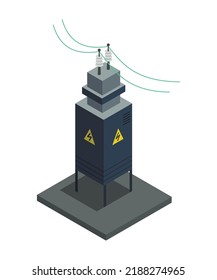 Energy power grid isometric. Power distribution element with electric transformer. Electric transmission network providing energy supply