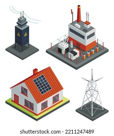 Energienetz isometrisch. Energieverteilung mit Familienhaus, Wind- und Hochspannungsnetzpylonen, Elektrotransformator. Stromübertragungsnetz für die Energieversorgung