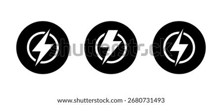 Energy power icon with lightning bolt. Speed, boost, and electricity symbol in black circle