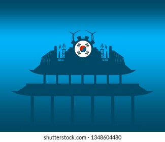 Energy and Power icons on the pagoda roof. Energy generation and heavy industry. Flag of South Korea