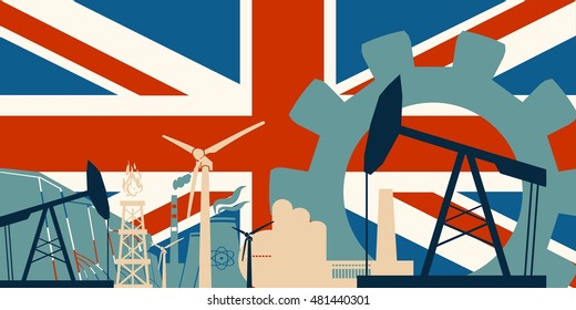 Energy and Power icons set with Britain flag. Sustainable energy generation and heavy industry. Vector illustration