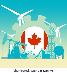 Energy and Power icons set with Canada flag. Sustainable energy generation and heavy industry.