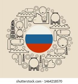 Energy and Power icons set. Design concept of natural gas industry. Circle with industrial line icons. Flag of the Russia