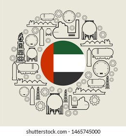 Energy and Power icons set. Design concept of natural gas industry. Circle with industrial line icons. Flag of the United Arab Emirates