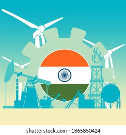 Energy And Power Icons Set With Flag Of India. Sustainable Energy Generation And Heavy Industry.