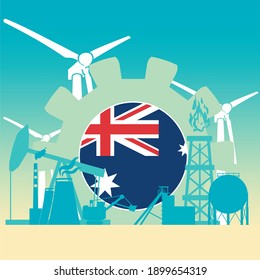 Energy and power icons set with flag of Australia. Sustainable energy generation and heavy industry.