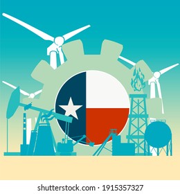 Energy and power icons set with flag of Texas. Sustainable energy generation and heavy industry.