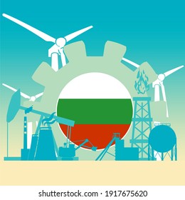 Energy and power icons set with flag of Bulgaria. Sustainable energy generation and heavy industry.