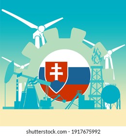 Energy and power icons set with flag of Slovakia. Sustainable energy generation and heavy industry.