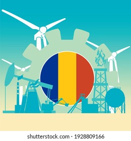 Energy and power icons set with flag of Romania. Sustainable energy generation and heavy industry.