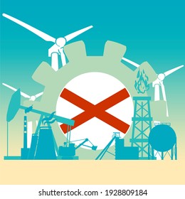 Energy and power icons set with flag of Alabama. Sustainable energy generation and heavy industry.
