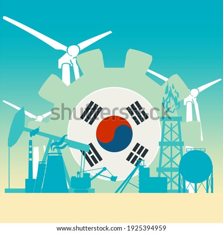 Energy and power icons set with flag of South Korea. Sustainable energy generation and heavy industry.