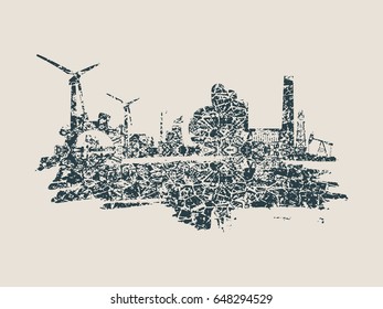 Energy and Power icons set and grunge brush stroke. Energy generation and heavy industry relative image. Grunge cracked texture