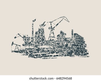 Energy and Power icons set and grunge brush stroke. Energy generation and heavy industry relative image. Grunge cracked texture