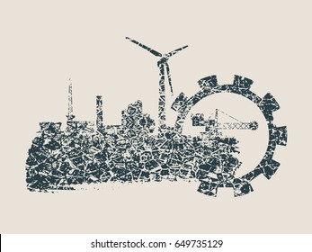 Energy and Power icons set and grunge brush stroke. Energy generation and heavy industry relative image. Grunge cracked texture